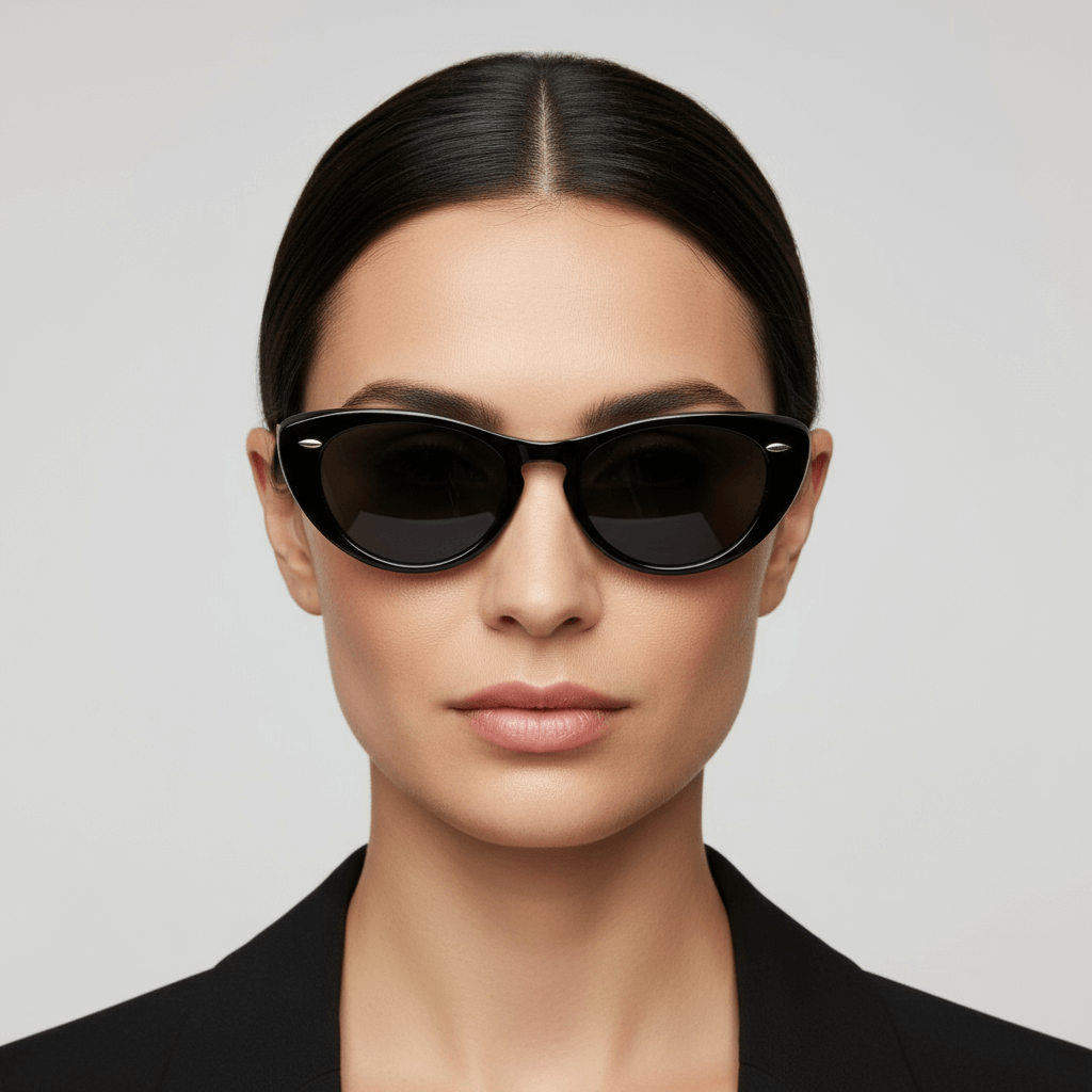 la vista frontal de una mujer de pelo liso tomado formal usando unos anteojos de color negro agatados retro con tachas metalicas en los costados en acetato reciclado sustentable biodegradable para hombre y mujer #color_negro