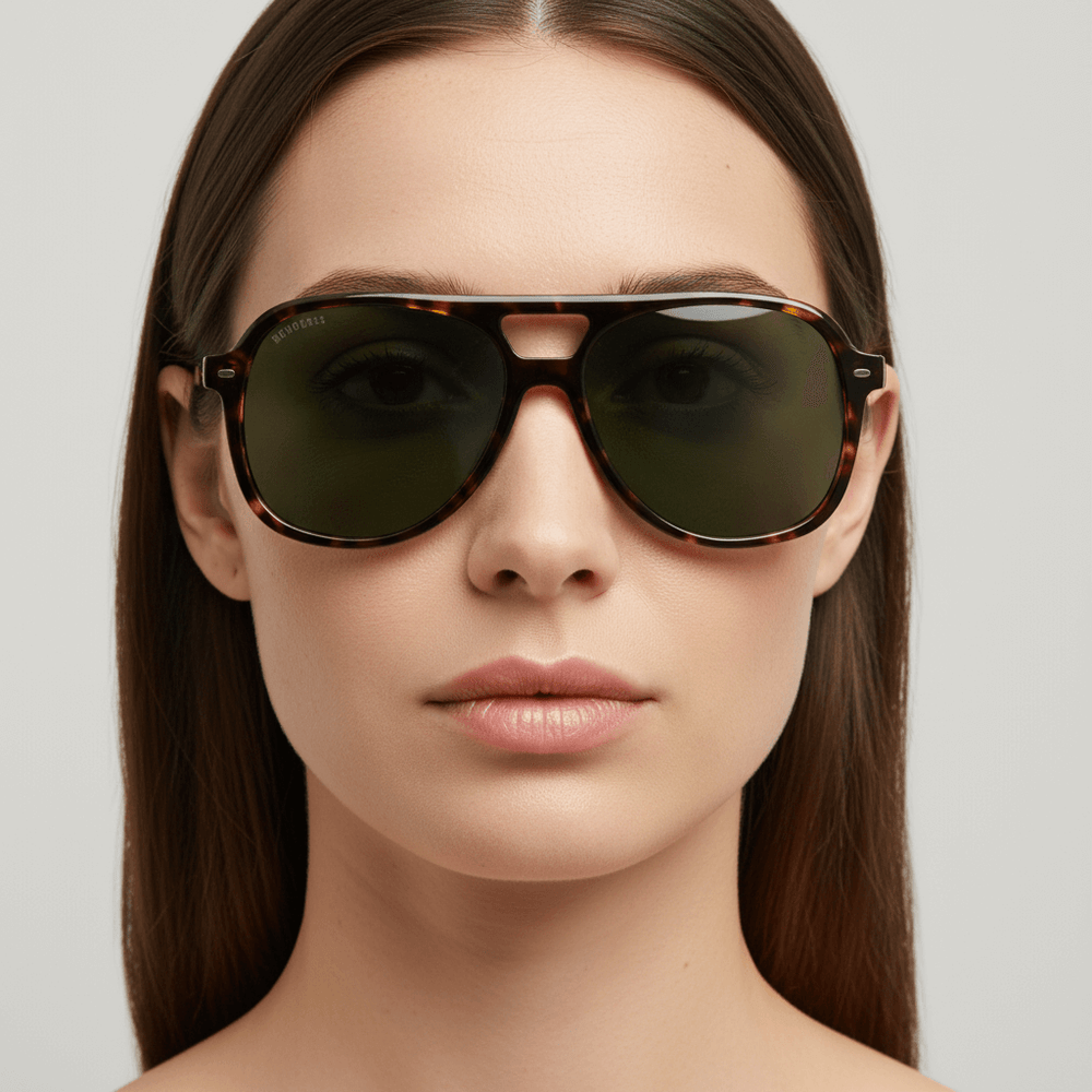 La front view a women cara ovalada and pelo liso suelto wearing unos sunglasses bonoboss oversized tortoise with lenses greens g15 forma aviador clasica moda for men and women #color_carey