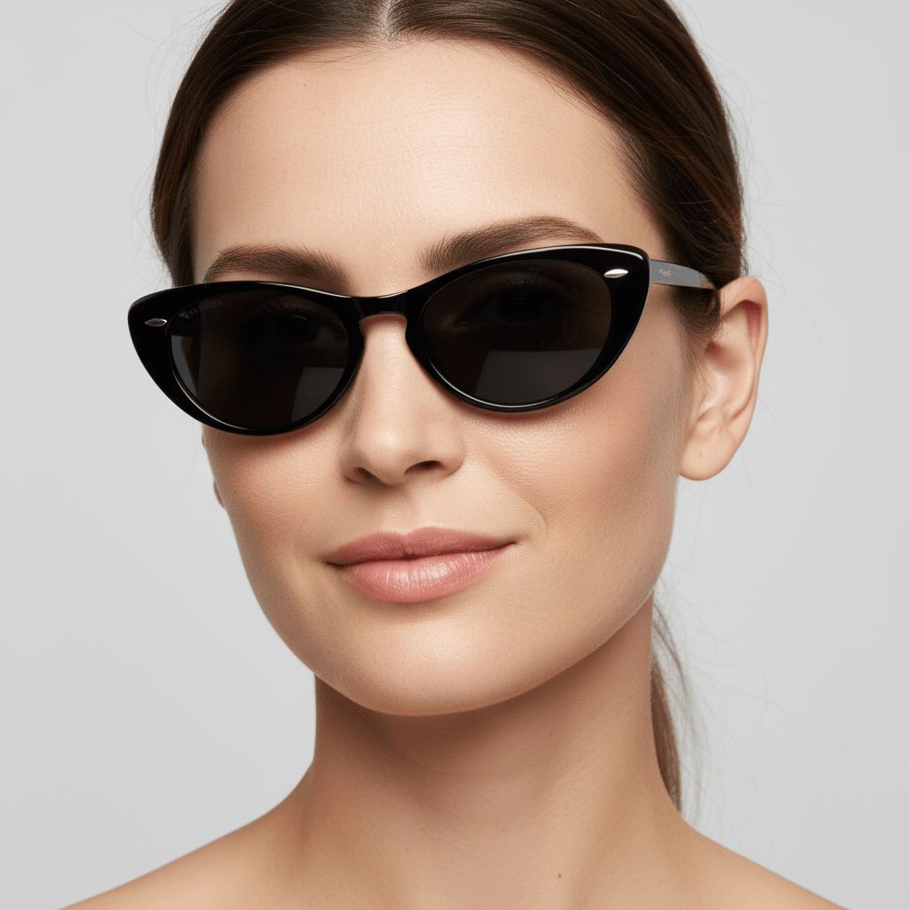 la vista frontal de una mujer de pelo liso tomado color castaño usando unos anteojos de color negro agatados retro con tachas metalicas en los costados en acetato reciclado sustentable biodegradable para hombre y mujer #color_negro