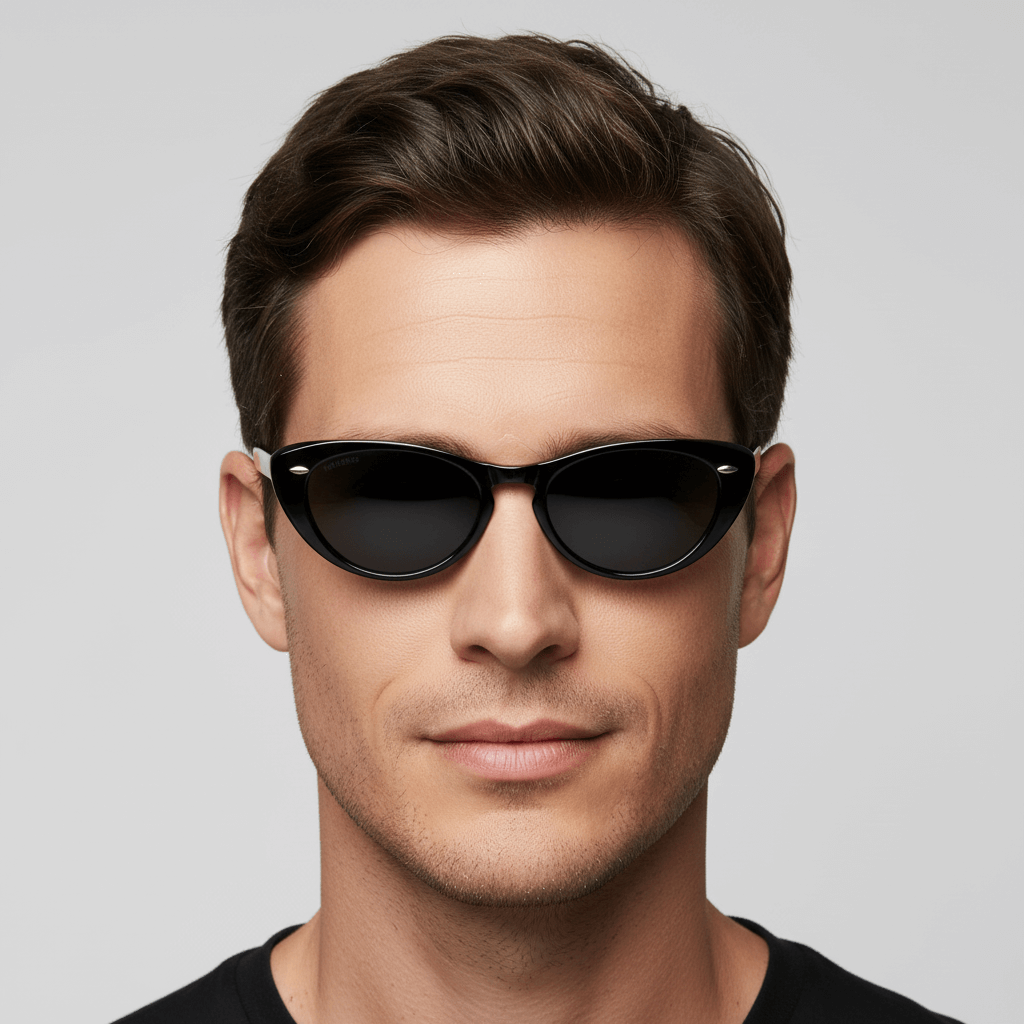 La front view a men pelo castaño wearing unos eyeglasses black agate pattern retro with tachas metalicas in the costados in acetate recycled sustainable biodegradable for men and women Bonoboss #color_negro