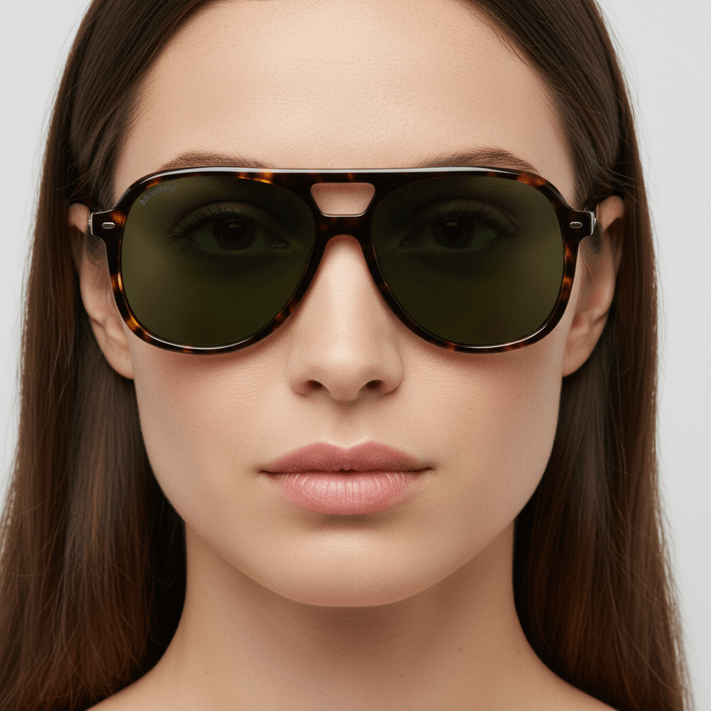 La front view a women cara ovalada and pelo liso suelto wearing unos sunglasses bonoboss oversized tortoise with lenses greens g15 forma aviador clasica moda for men and women #color_carey