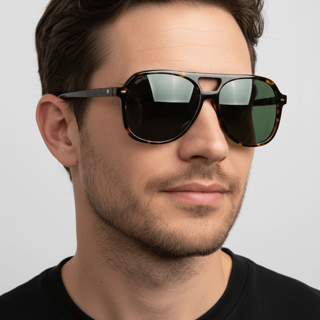 La front view a men cara ovalada and barba sutil wearing unos sunglasses bonoboss oversized tortoise with lenses greens g15 forma aviador clasica moda for men and women #color_carey