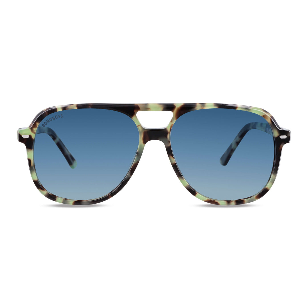 La front view unos sunglasses bonoboss oversized tortoise green militar with lenses gradient blue forma aviador clasica moda for men and women #color_verde