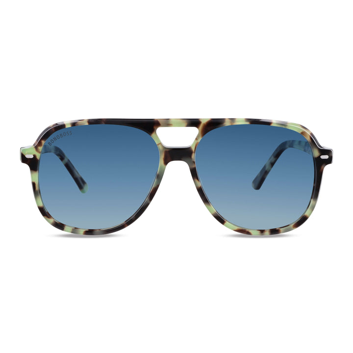 La front view unos sunglasses bonoboss oversized tortoise green militar with lenses gradient blue forma aviador clasica moda for men and women #color_verde
