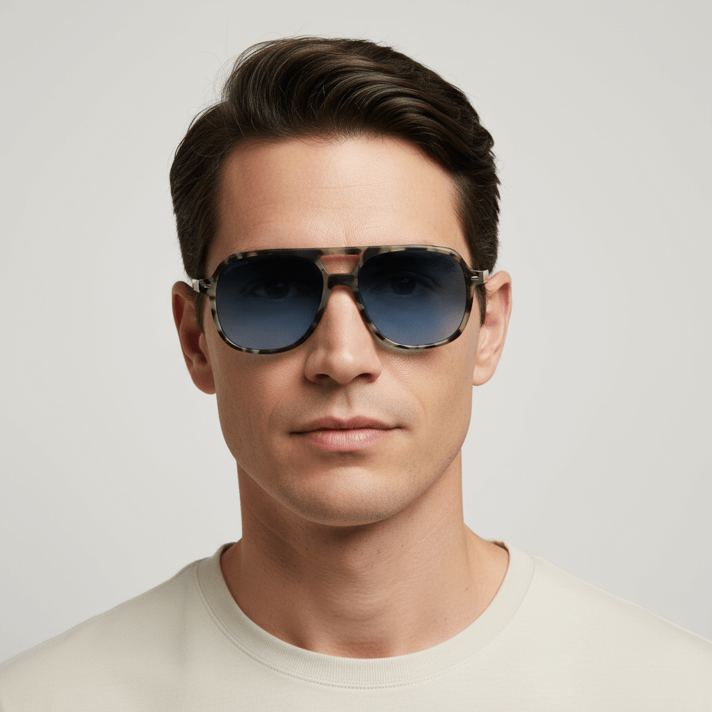 La front view a men mirando a the cara cara ovalada serio wearing unos sunglasses bonoboss oversized tortoise green militar with lenses gradient blue forma aviador clasica moda for men and women #color_verde