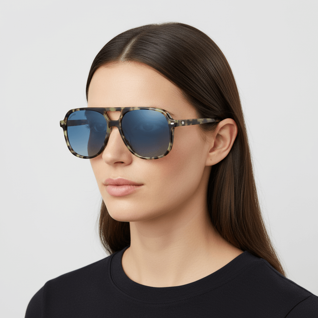 La side view a women with cara ovalada and pelo liso suelto wearing unos sunglasses bonoboss oversized tortoise green militar with lenses gradient blue forma aviador clasica moda for men and women #color_verde