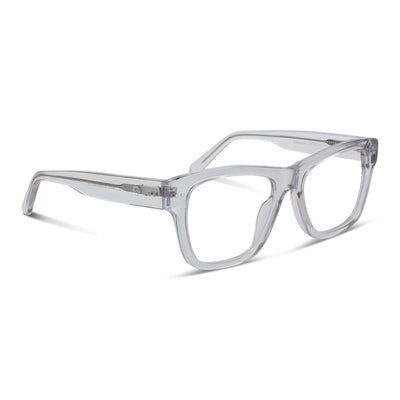 vista lateral o angulada de unos anteojos o marcos ópticos para hombre y mujer de moda de color transparente