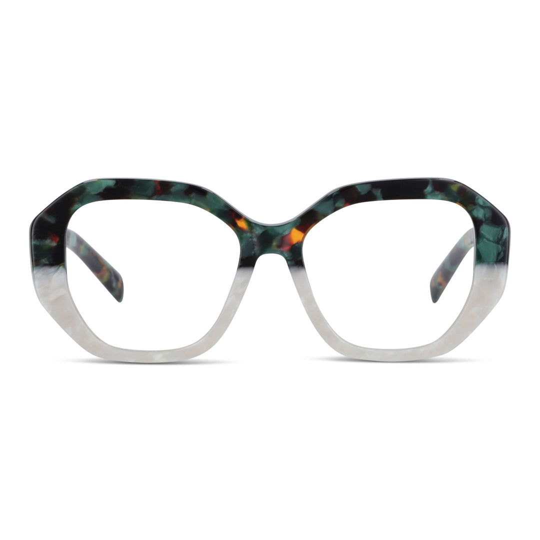 Lentes graduados Gaia en verde: vista frontal, bio-acetato geométrico, diseño de Bonoboss #color_green