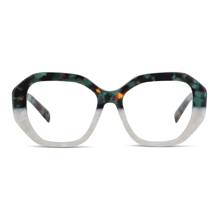 Lentes graduados Gaia en verde: vista frontal, bio-acetato geométrico, diseño de Bonoboss #color_green