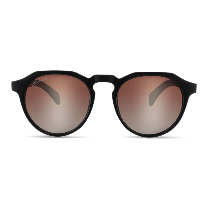 Sunglasses hexagonales polarized with wooden temples men and women. front view eyewear polarized black matte with color lenses gradient brown with tratamiento mirrored Bonoboss #color_negro