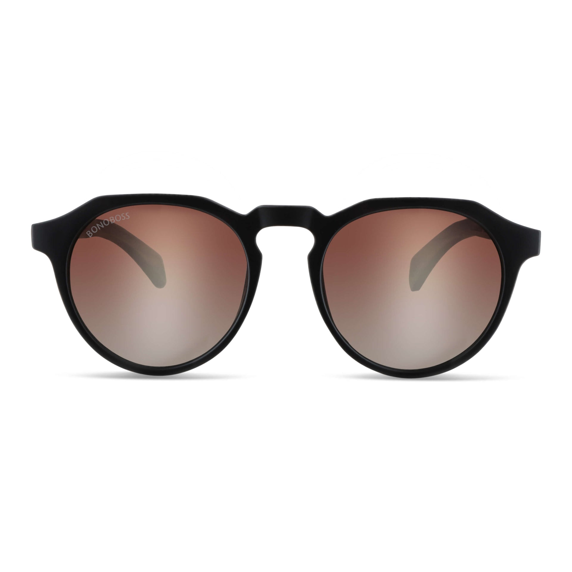 anteojos de sol hexagonales polarizados con patas de madera de hombre y mujer. vista frontal de gafas polarizadas de color negro matte con lentes de color degrade cafe con tratamiento espejado #color-marco_negro