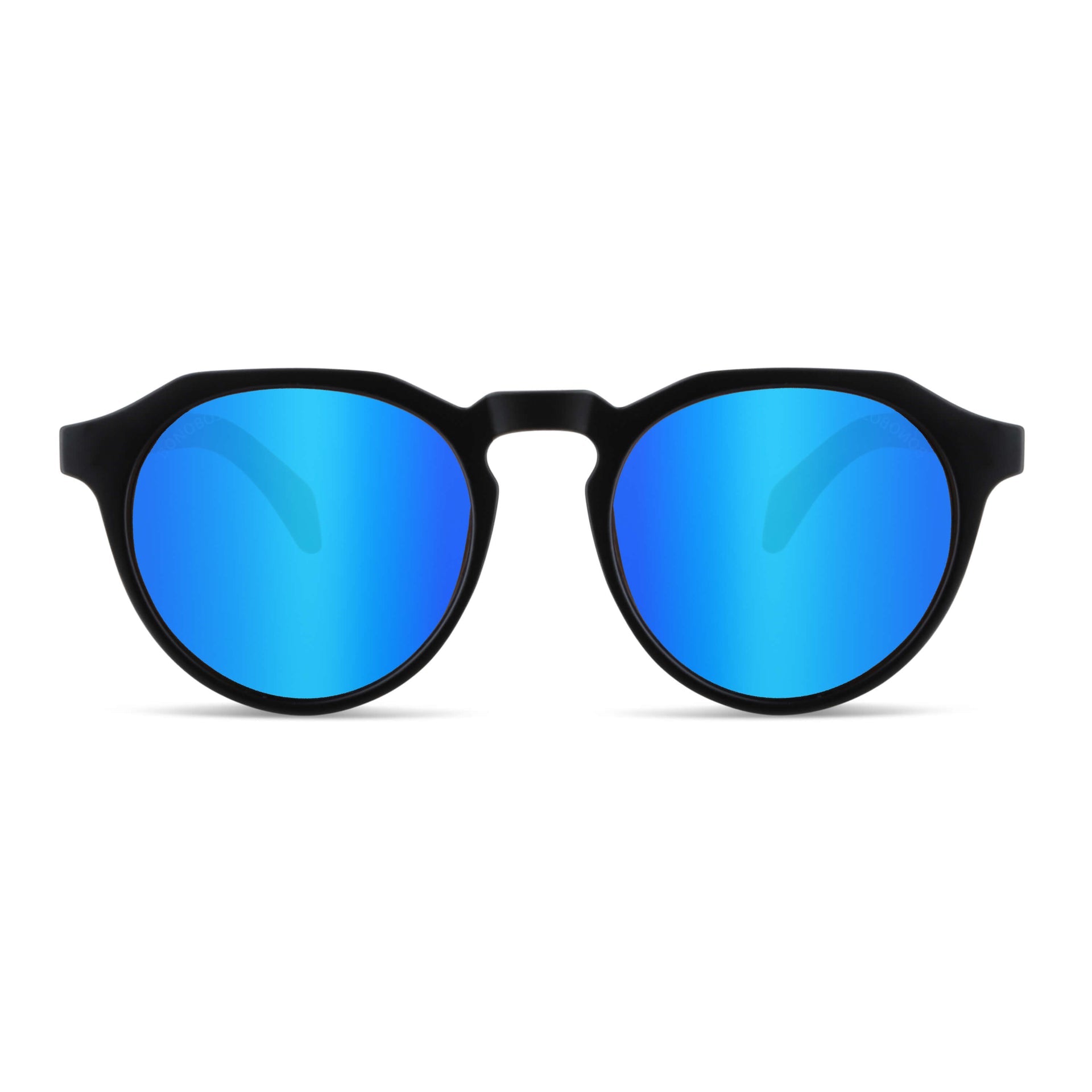 anteojos de sol hexagonales polarizados con patas de madera de hombre y mujer. vista frontal de gafas polarizadas de color negro matte con lentes de color espejado azul #color-marco_negro