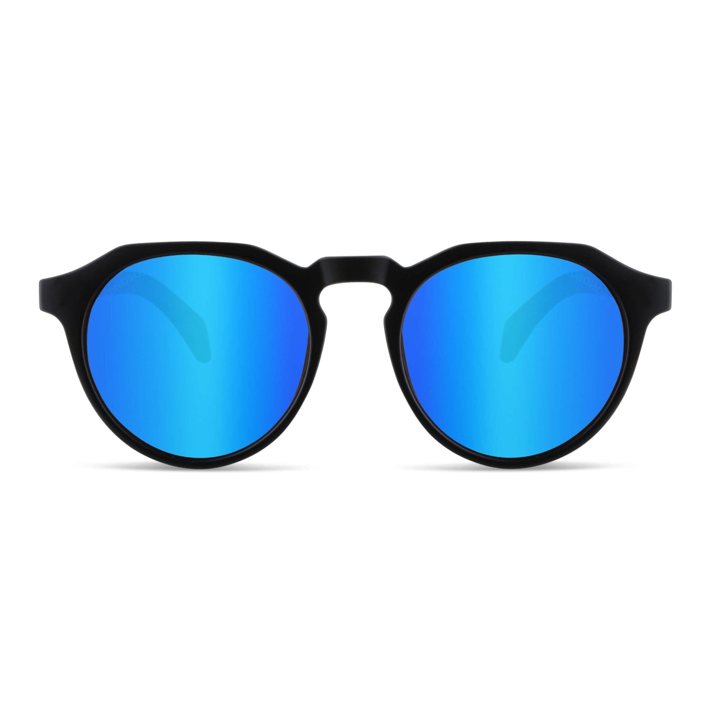 anteojos de sol hexagonales polarizados con patas de madera de hombre y mujer. vista frontal de gafas polarizadas de color negro matte con lentes de color espejado azul #color_negro
