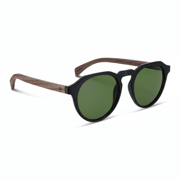 Sunglasses hexagonales polarized with wooden temples men and women. front view eyewear polarized black matte with color lenses g15 with wooden temples natural Bonoboss #color_negro