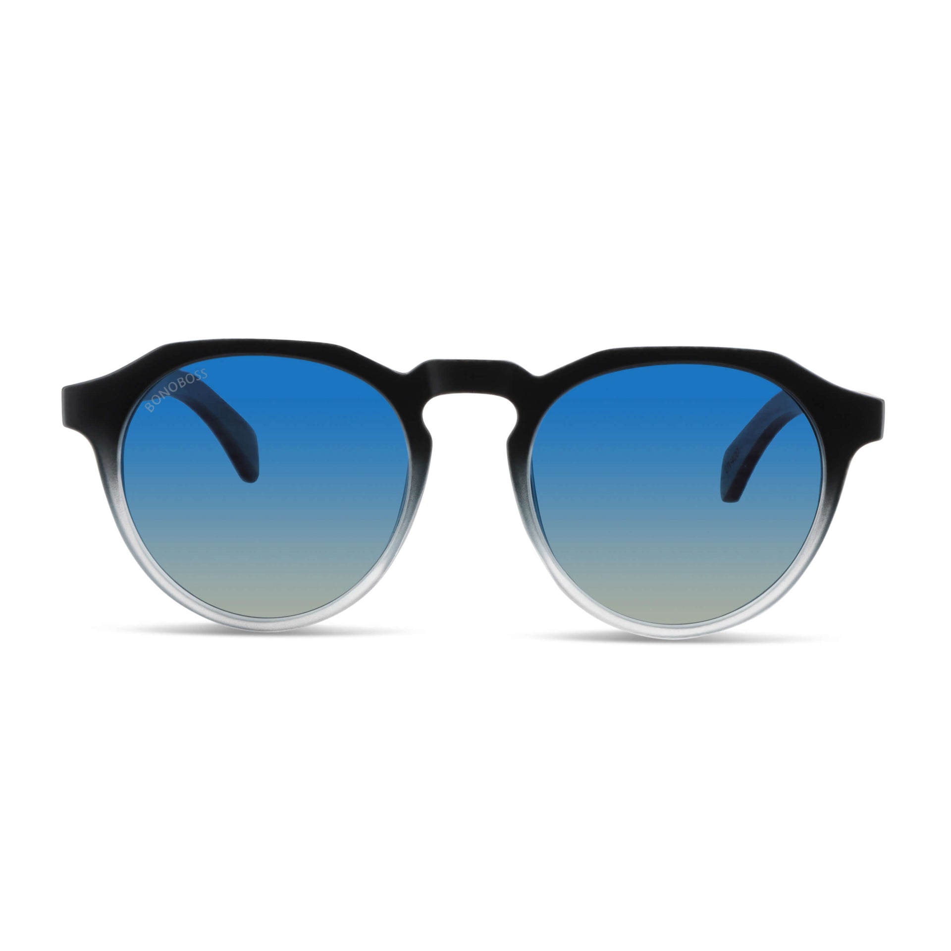 anteojos de sol hexagonales polarizados con patas de madera de hombre y mujer. vista frontal de gafas polarizadas de color negro degrade con lentes de color degrade azul polarizadas #color_gradiente-black