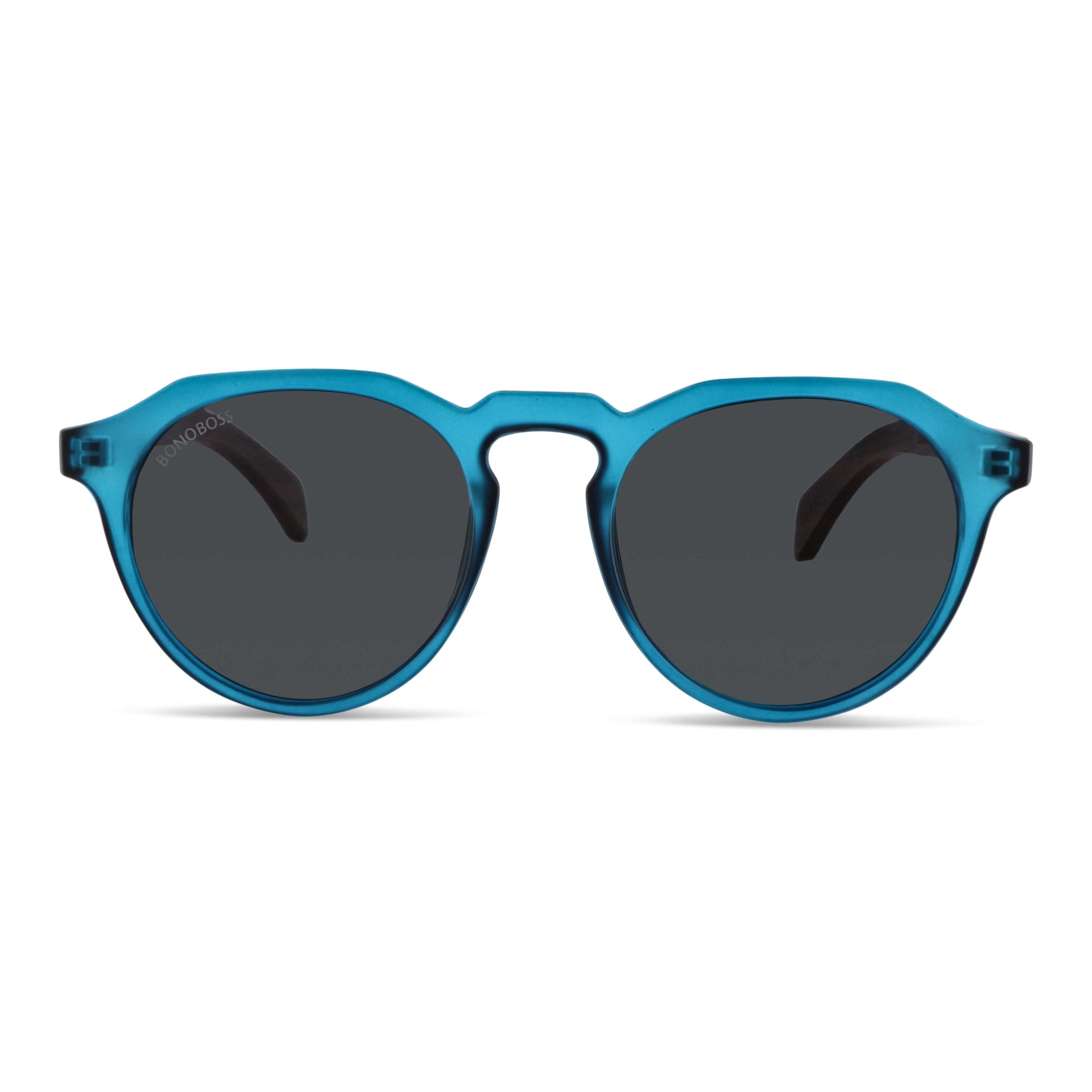 anteojos de sol hexagonales polarizados con patas de madera de hombre y mujer. vista  frontal marco de plastico reciclado  gafas polarizadas de color azul y lentes de color negras polarizadas #color-marco_ocean