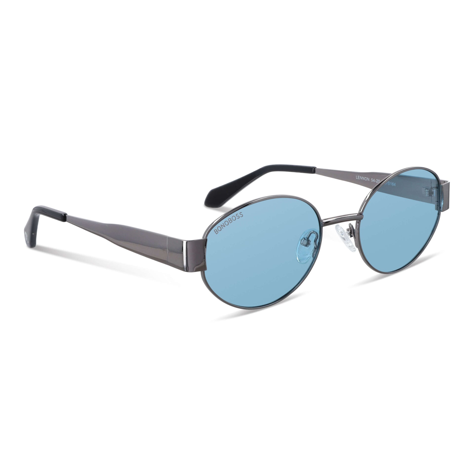 vista lateral de lentes de sol de metal de moda redondos para mujer de color #color_blue