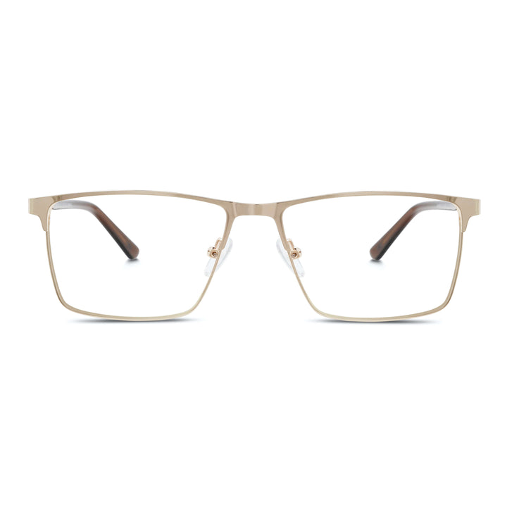 Marcos frames optical metalicos rectangular color gold for men and women round face large. lenses por mayor distribuidora opticas. front view Bonoboss #color_dorado