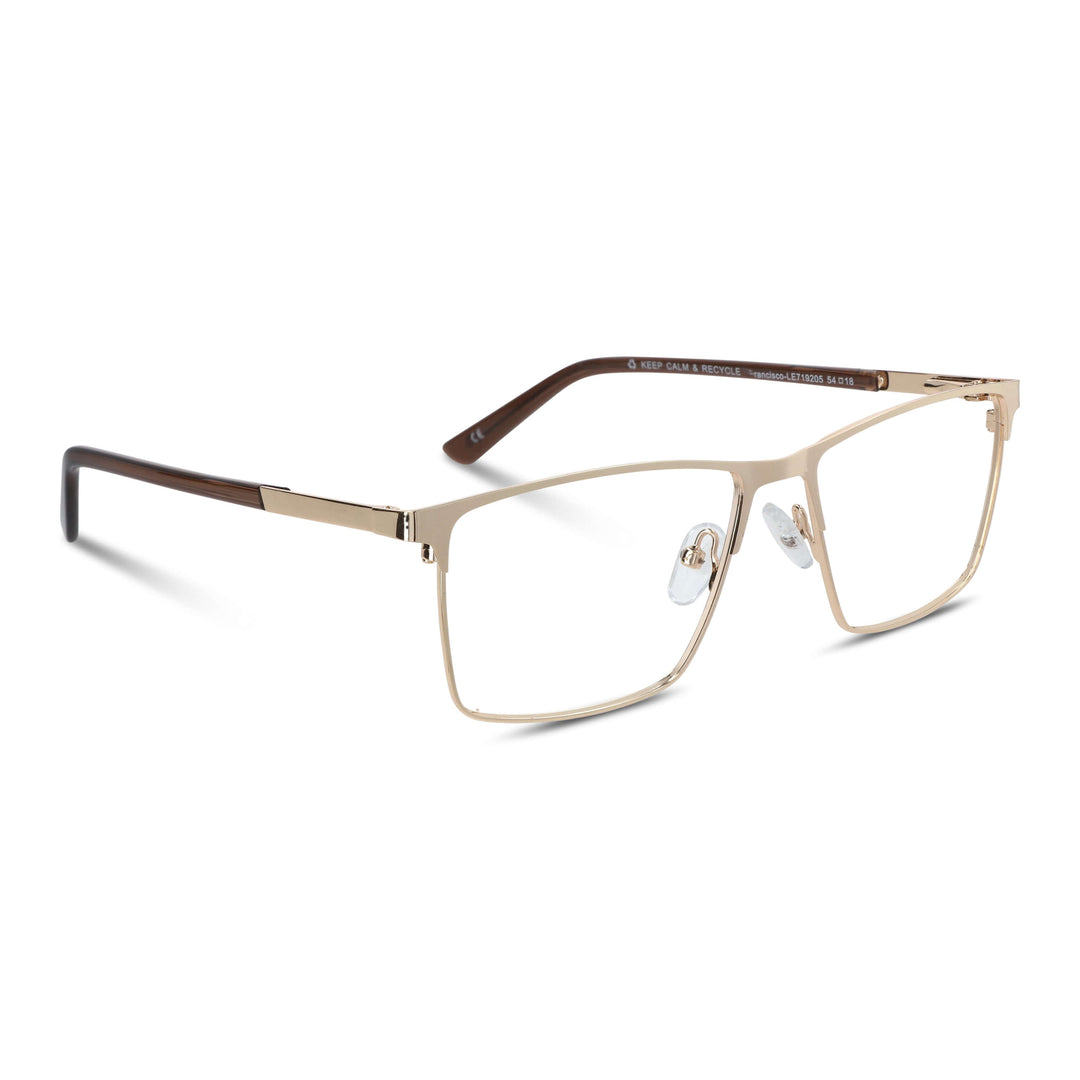 Marcos frames optical metalicos rectangular color gold for men and women round face large. lenses por mayor distribuidora opticas. angled view Bonoboss #color_dorado