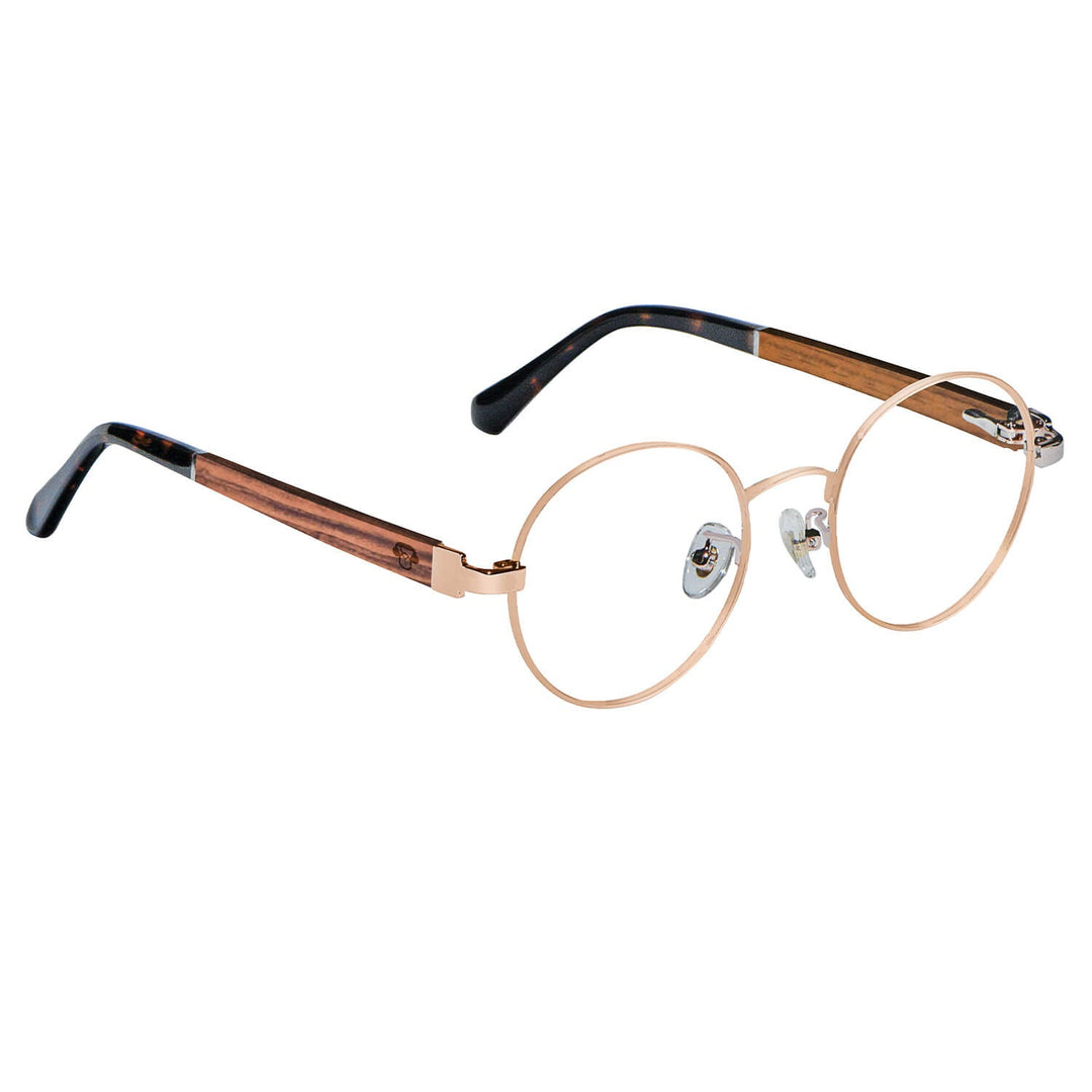 Marcos lenses optical round color gold wooden temple frame metal blue light filter men women Bonoboss #color_dorado