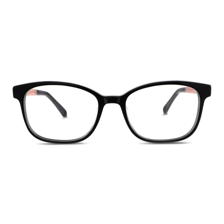 Frames optical agate pattern black with wooden temples recycled sustainable for men and women round face large. front view Bonoboss #color_negro