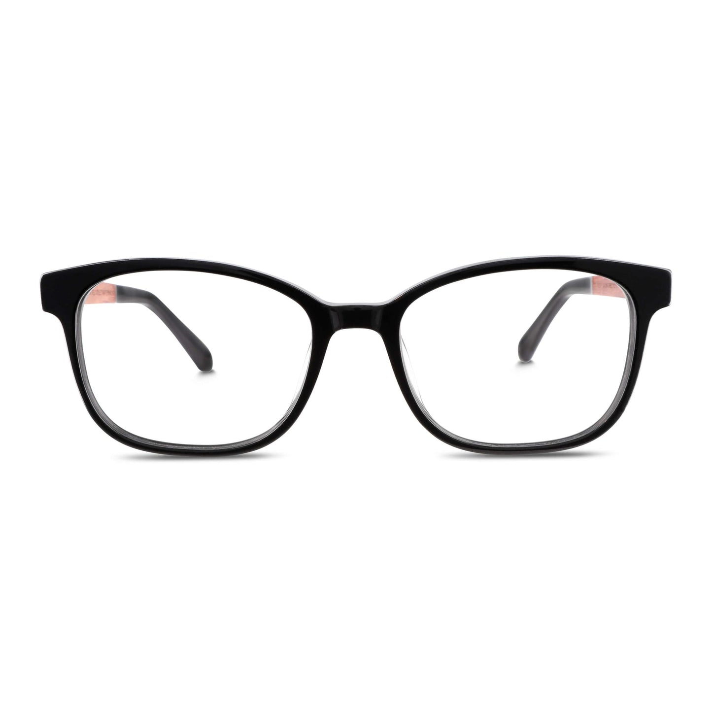 armazones opticos agatados color negro con patas de madera reciclada sustentable para hombre y mujer de cara redonda grande. Vista frontal#color_negro