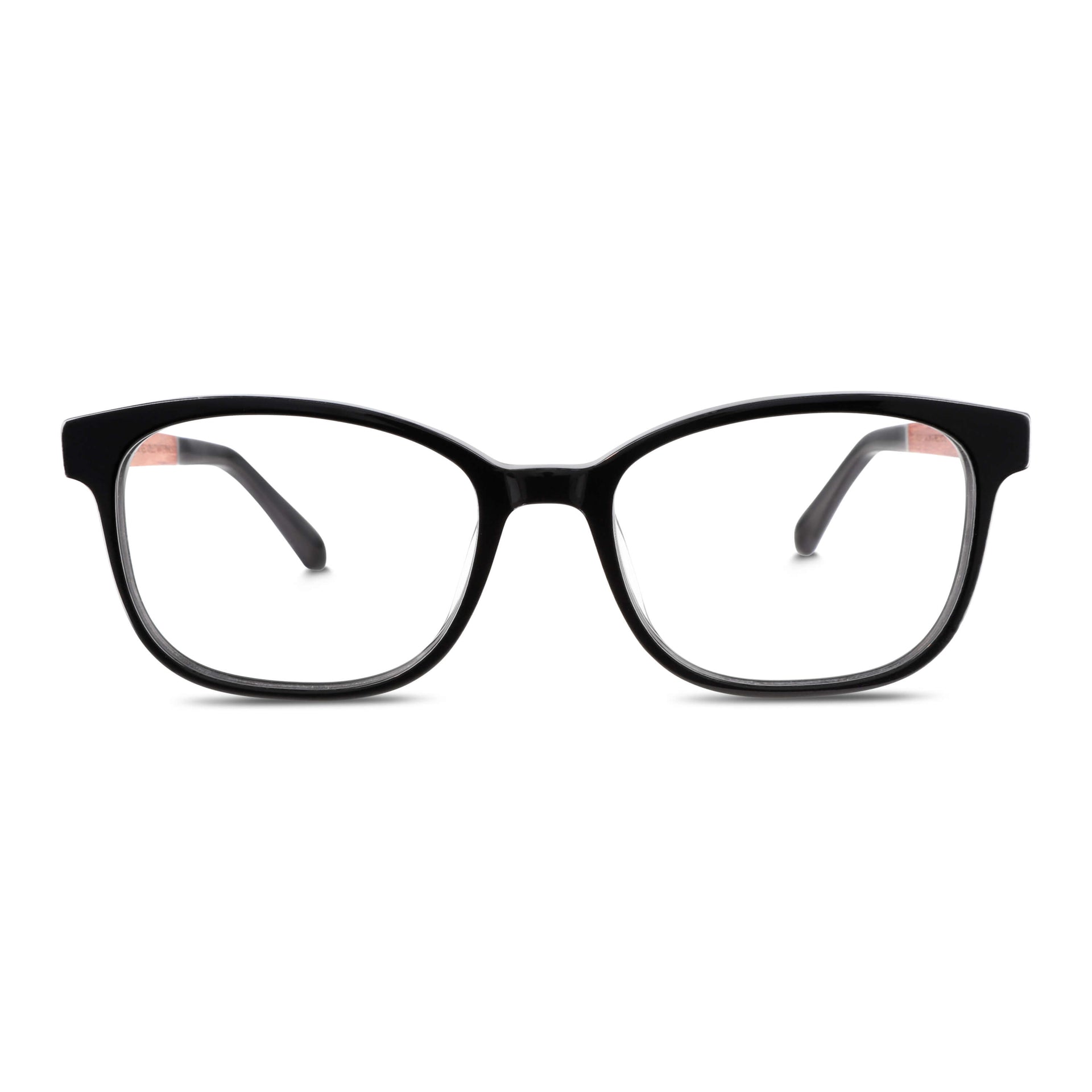 armazones opticos agatados color negro con patas de madera reciclada sustentable para hombre y mujer de cara redonda grande. Vista frontal#color_negro