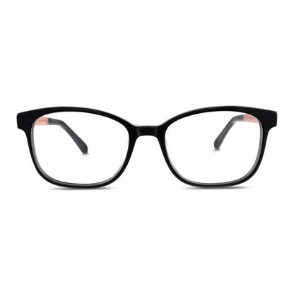 armazones opticos agatados color negro con patas de madera reciclada sustentable para hombre y mujer de cara redonda grande. Vista frontal#color_negro