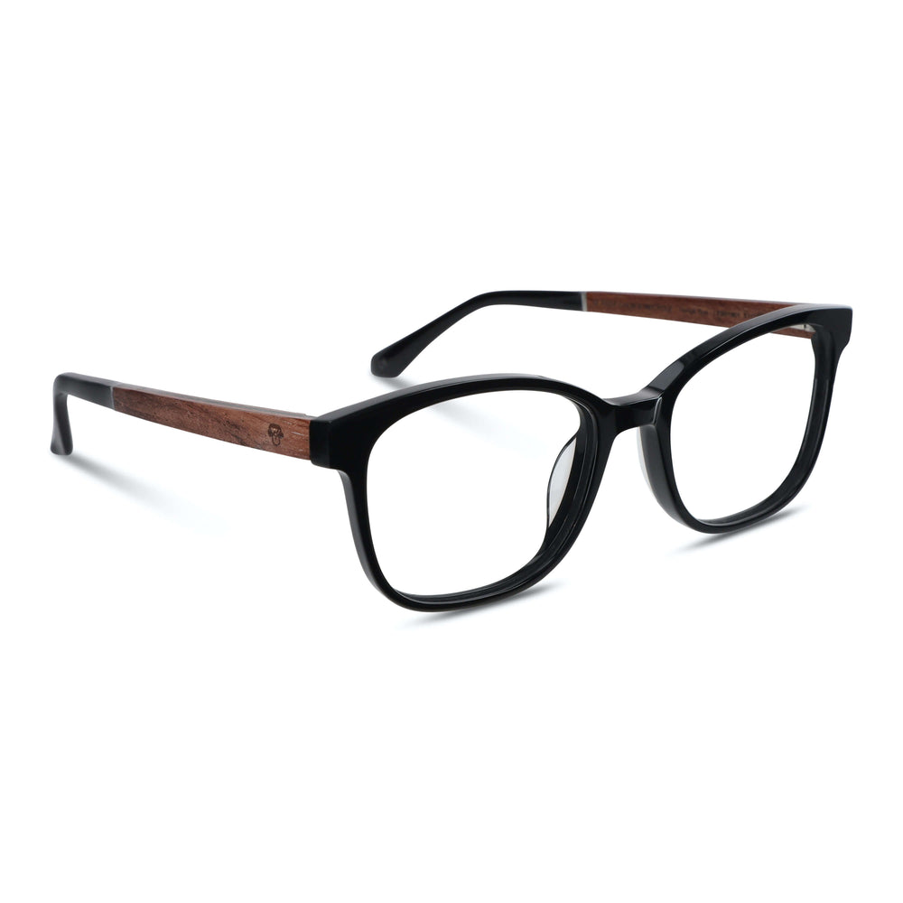 Frames optical agate pattern black with wooden temples recycled sustainable for men and women round face large. side view angled Bonoboss #color_negro