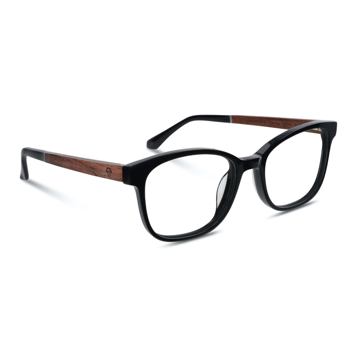 Frames optical agate pattern black with wooden temples recycled sustainable for men and women round face large. side view angled Bonoboss #color_negro