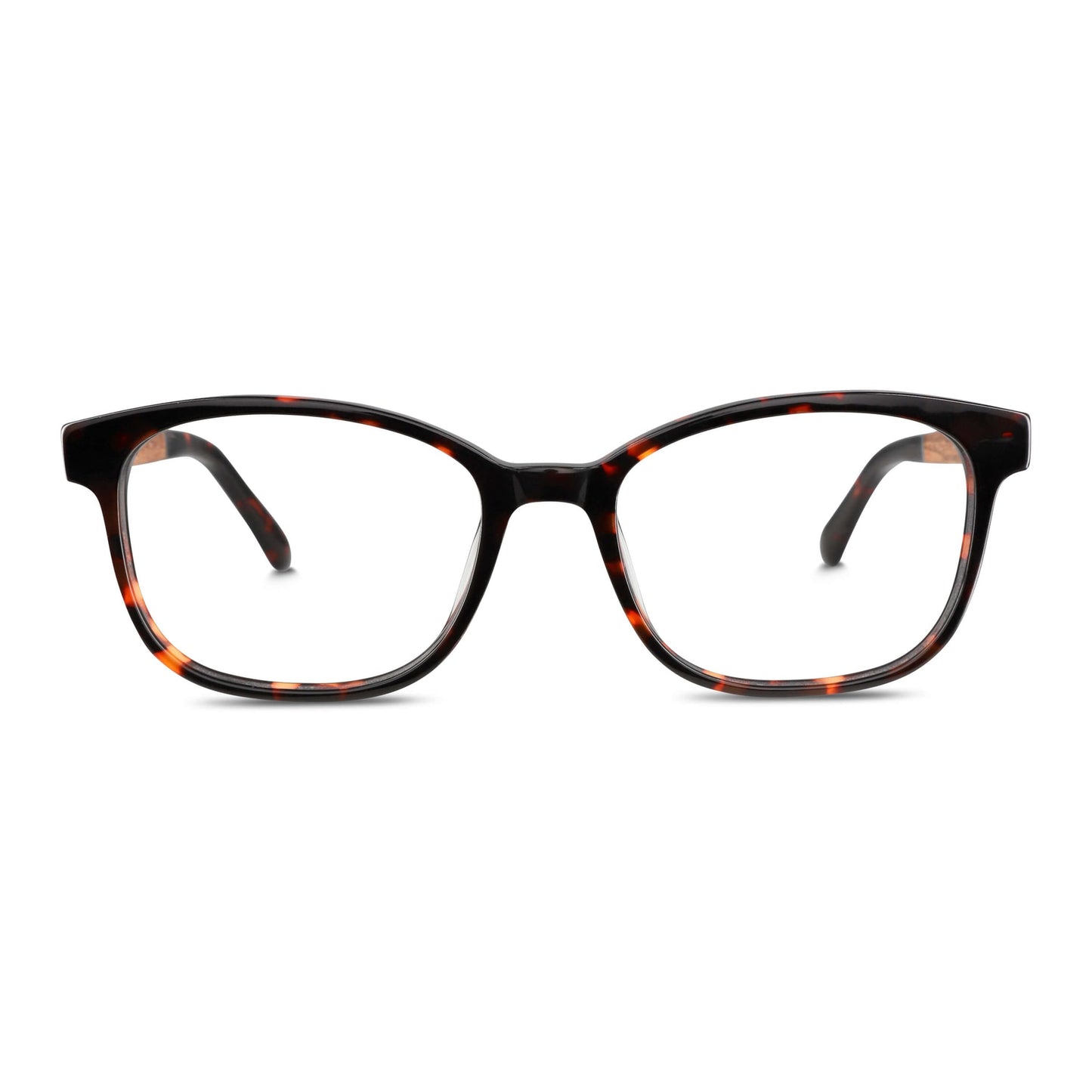 armazones opticos agatados color carey con patas de madera reciclada sustentable para hombre y mujer de cara redonda grande. Vista frontal#color_carey