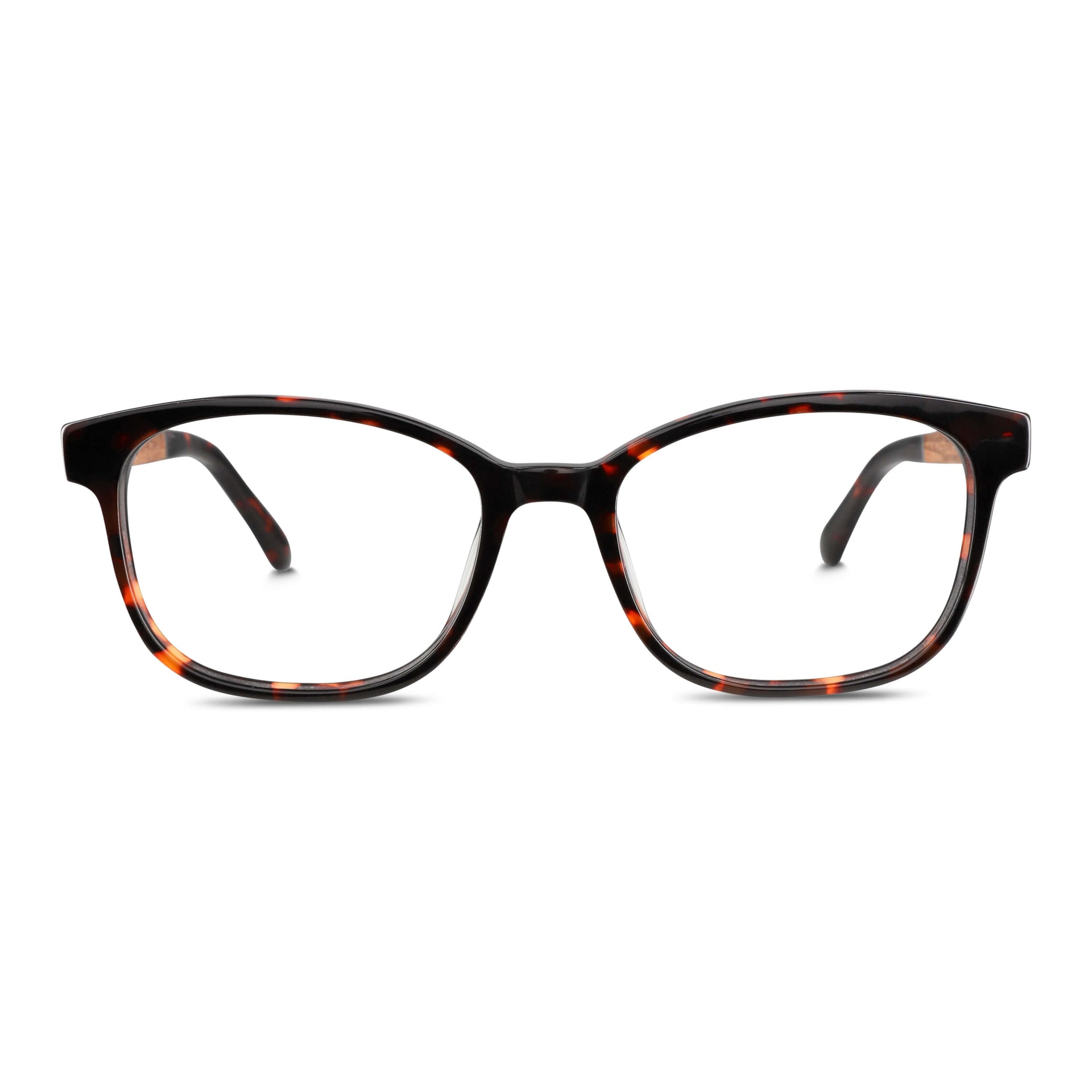 armazones opticos agatados color carey con patas de madera reciclada sustentable para hombre y mujer de cara redonda grande. Vista frontal#color_carey