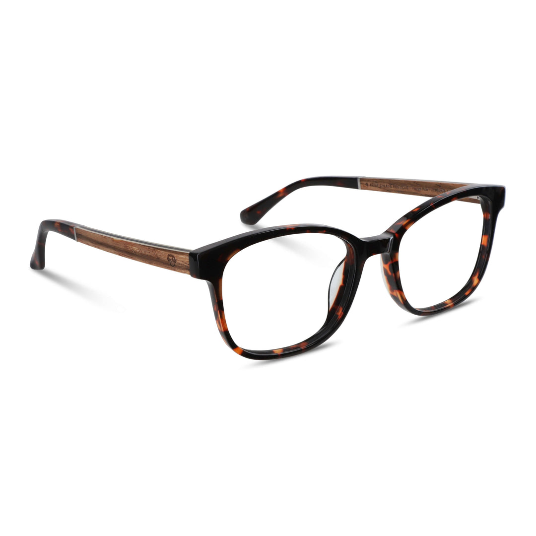 Frames optical agate pattern tortoise with wooden temples recycled sustainable for men and women round face large. side view angled Bonoboss #color_carey