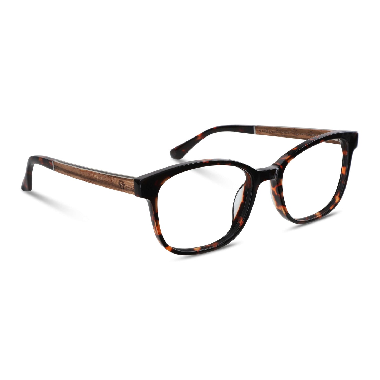 armazones opticos agatados color carey con patas de madera reciclada sustentable para hombre y mujer de cara redonda grande. Vista lateral angulada #color_carey