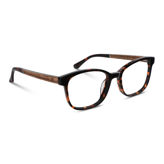 armazones opticos agatados color carey con patas de madera reciclada sustentable para hombre y mujer de cara redonda grande. Vista lateral angulada #color_carey