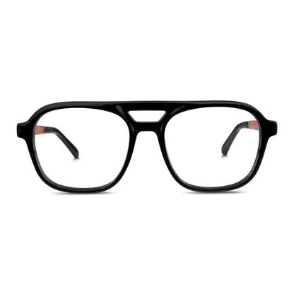 anteojos opticos para hombre y mujer diseño aviador color negro brillant con patas de madera reciclada sustentable vista frontal. Mayorista de opticas y distribuidor por mayor#color_negro