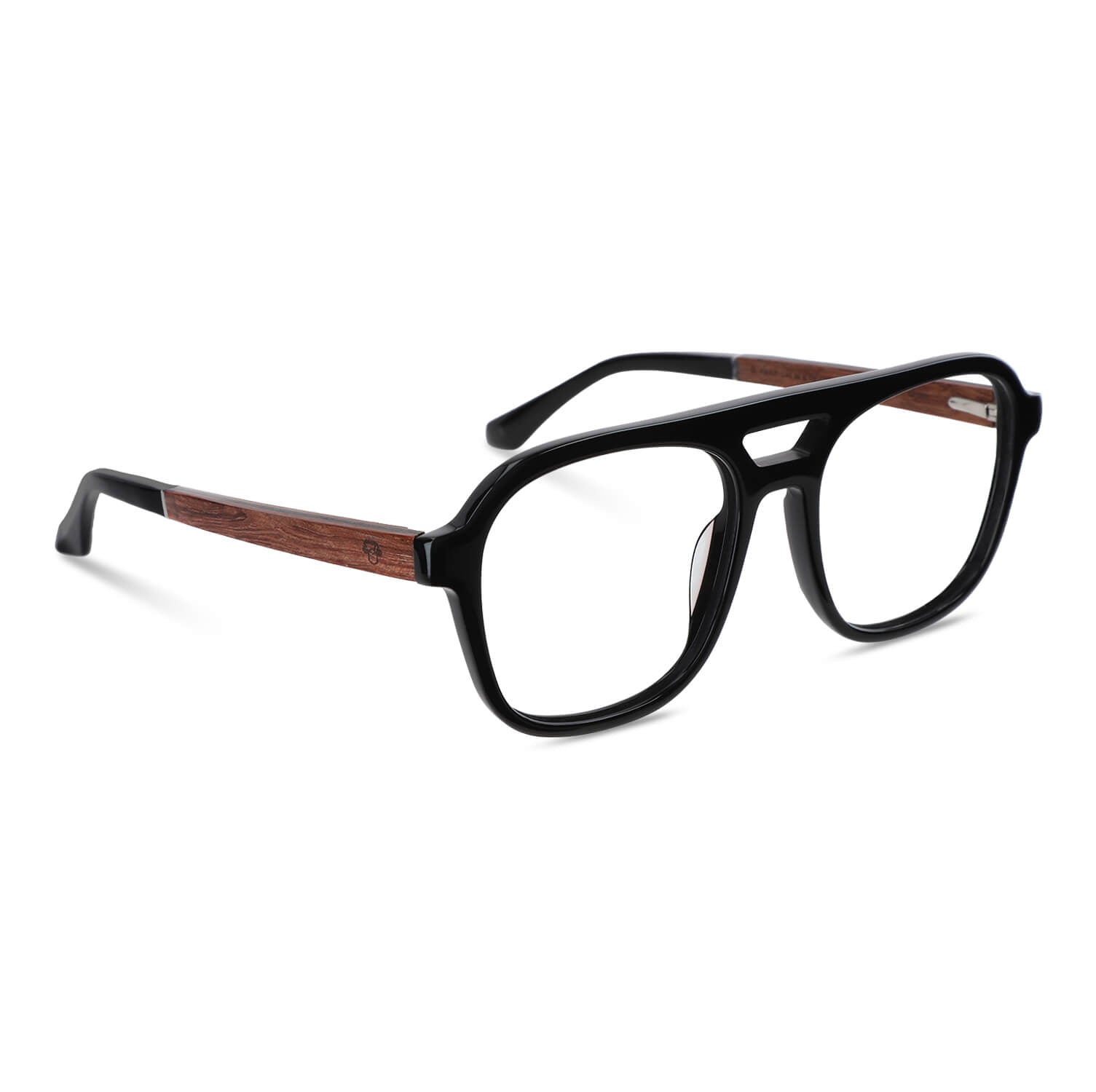 anteojos opticos para hombre y mujer diseño aviador color negro brillante con patas de madera reciclada sustentable vista frontal. Mayorista de opticas y distribuidor por mayor#color_negro