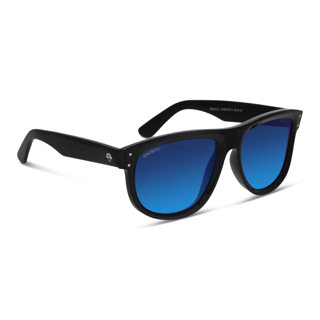 Sunglasses polarized reverse rayban moda men and women sustainable recycled plastic vista angular black with lenses mirroreds bluees Bonoboss #color_espejado-azul