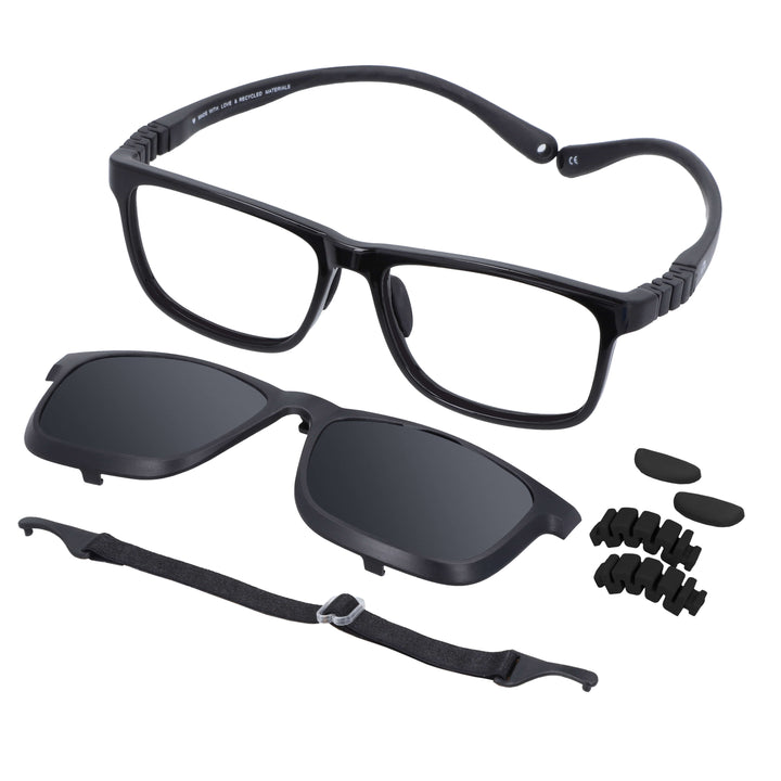 Eyeglasses optical rectangular kids angled view with sun clip-on polarized in su base, repuestos the nosepads and the bisagras a the derecha and at the parte bottom a correa or a colgante or strap white. frame black Bonoboss #color_negro