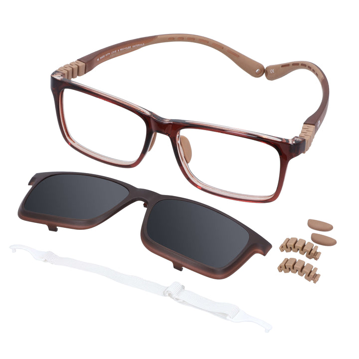 Eyeglasses optical rectangular kids angled view with sun clip-on polarized in su base, repuestos the nosepads and the bisagras a the derecha and at the parte bottom a correa or a colgante or strap white. frame color café Bonoboss #color_brown