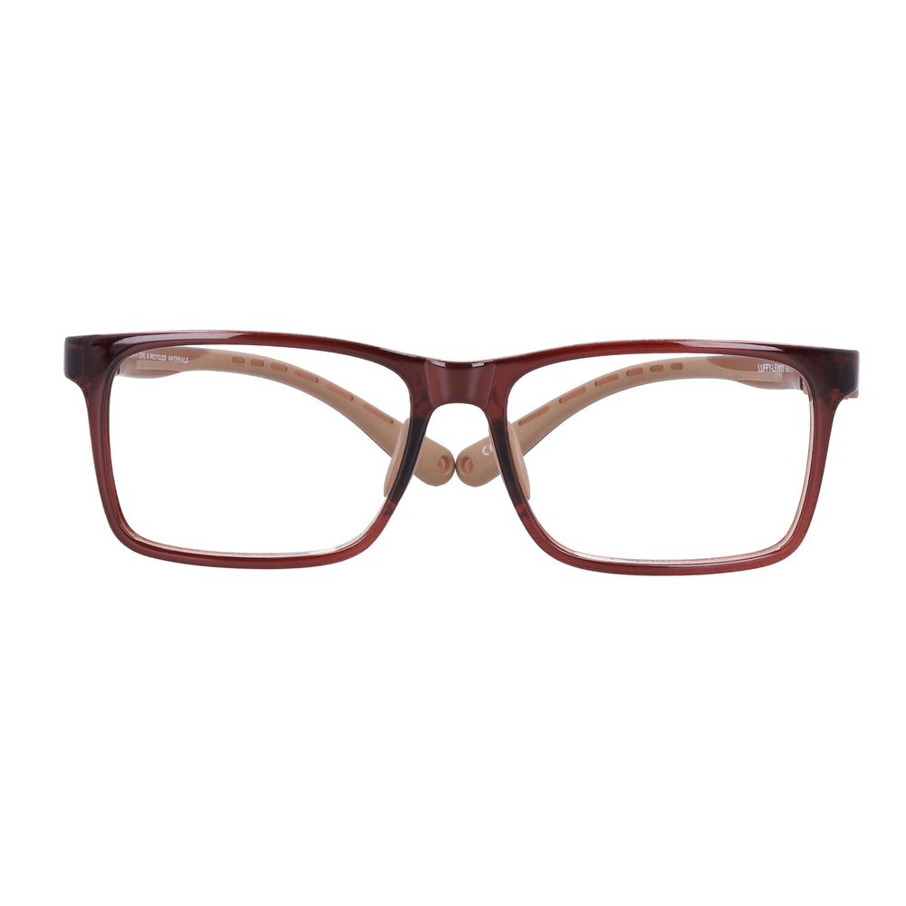 Front view a anteojo optical or frame for kids and kids forma rectangular with puente prominente color café Bonoboss #color_brown