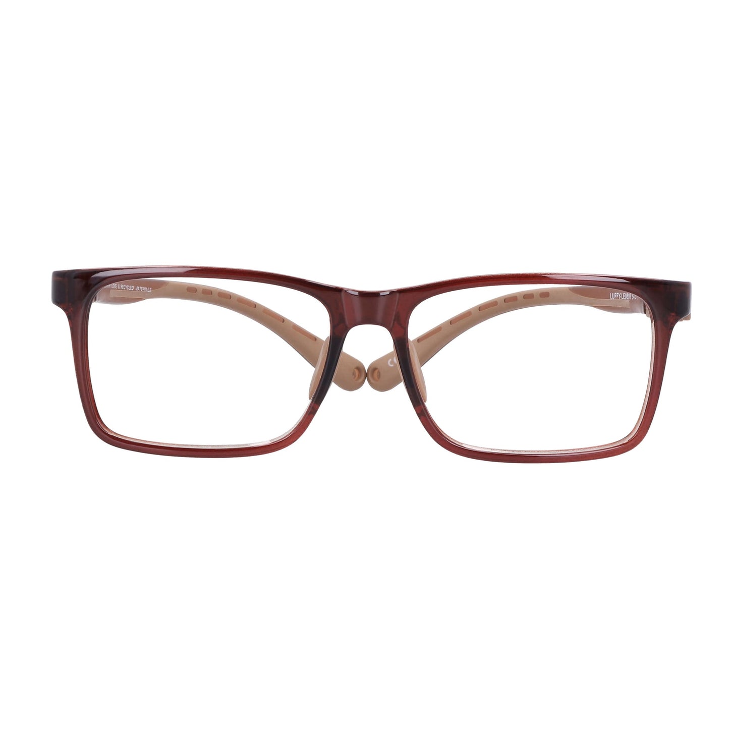 Vista frontal de un anteojo óptico o armazon para niños y niñas de forma rectangular con puente prominente de color café  #color_brown