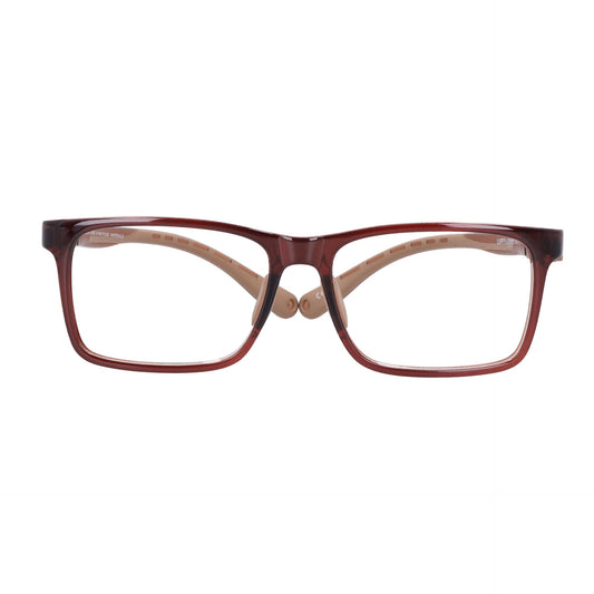 Vista frontal de un anteojo óptico o armazon para niños y niñas de forma rectangular con puente prominente de color café  #color_brown