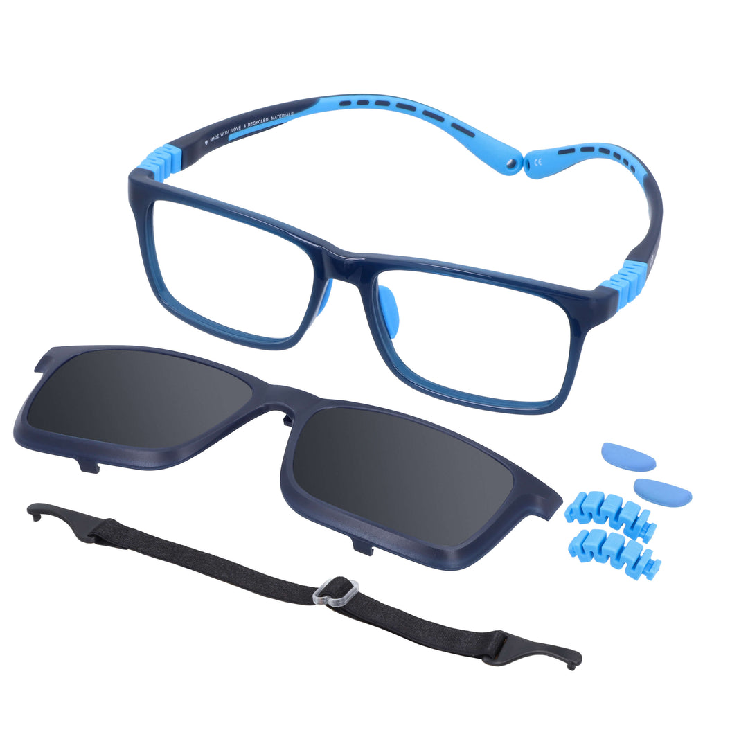 Eyeglasses optical rectangular kids angled view with sun clip-on polarized in su base, repuestos the nosepads and the bisagras a the derecha and at the parte bottom a correa or a colgante or strap white. frame blue Bonoboss #color_azul
