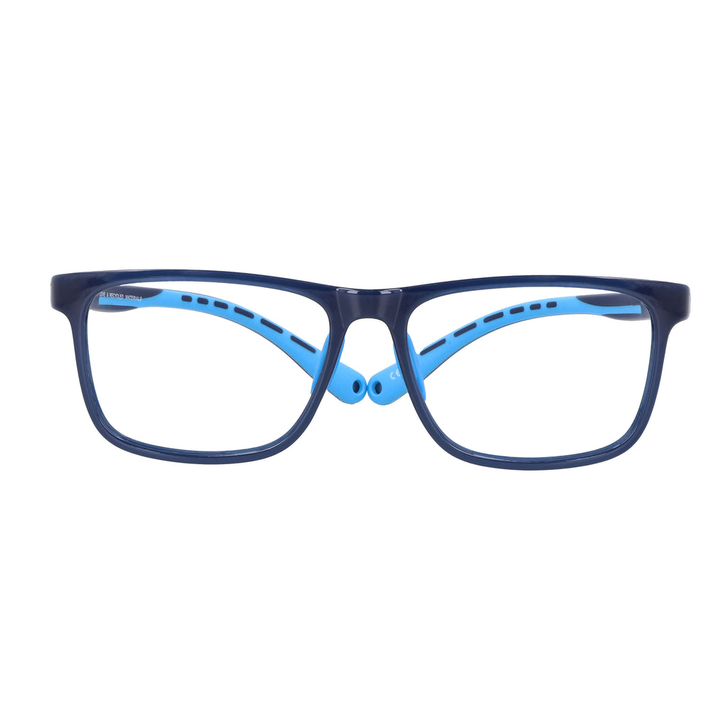 Vista frontal de un anteojo óptico o armazon para niños y niñas de forma rectangular con puente prominente de color azul
