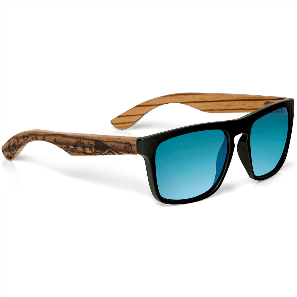 Sunglasses rectangular polarized black wooden temple for men and women with color lenses Bonoboss #color_surf-sky