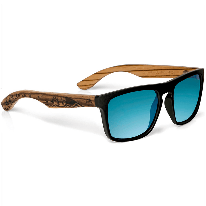 Sunglasses rectangular polarized black wooden temple for men and women with color lenses Bonoboss #color_surf-sky