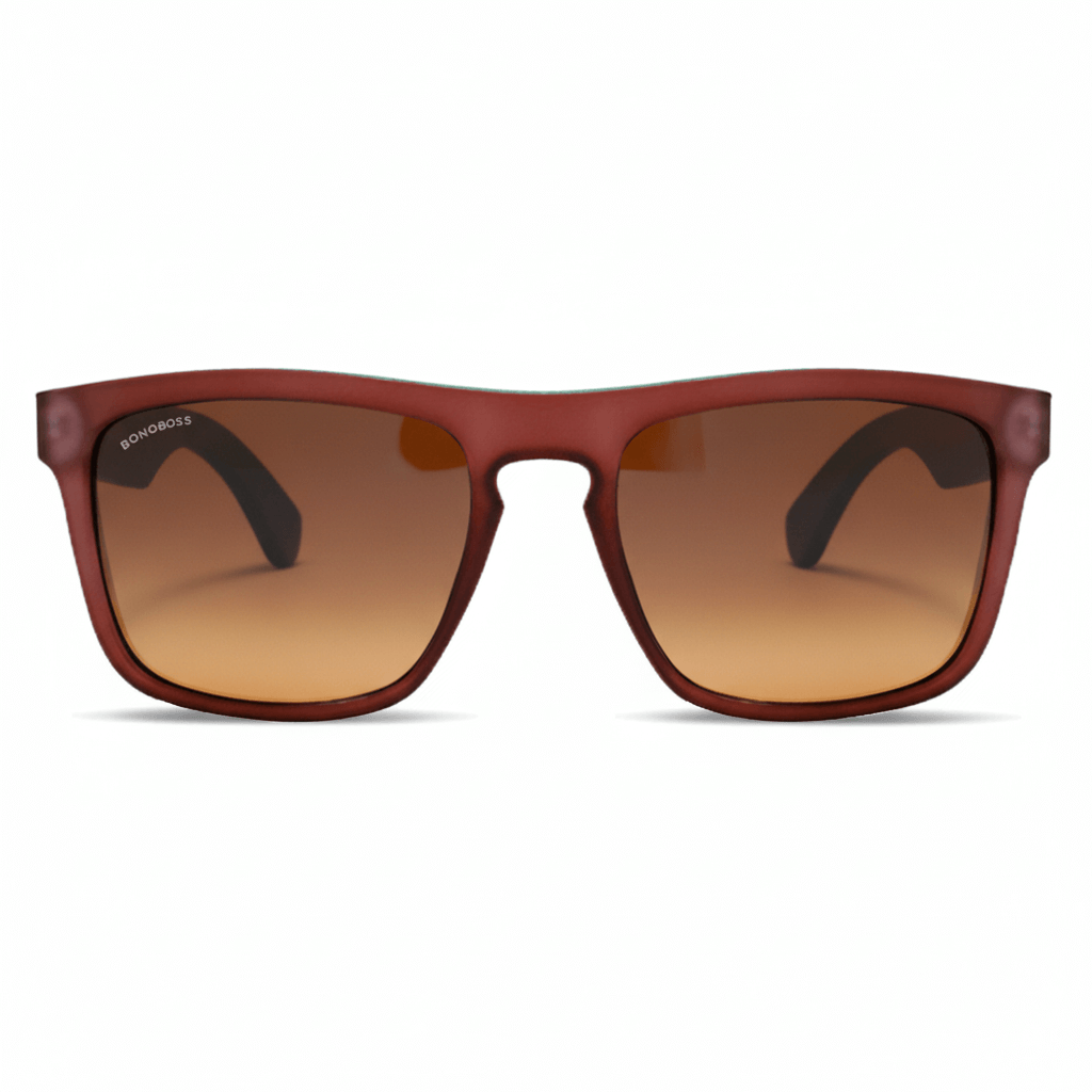Una front view eyeglasses sunglasses rectangular eco-friendlys recycled plastic especial for corporate gift personalizado red with lenses gradient brown in front view Bonoboss #color_wine