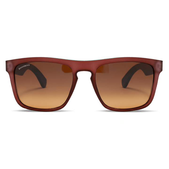 Una front view eyeglasses sunglasses rectangular eco-friendlys recycled plastic especial for corporate gift personalizado red with lenses gradient brown in front view Bonoboss #color_wine