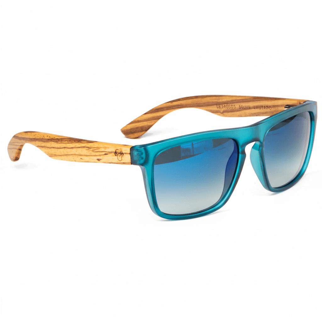 Una front view eyeglasses sunglasses rectangular eco-friendlys recycled plastic especial for corporate gift personalizado blue ocean with lenses gradient bluees in angled view Bonoboss #color_ocean